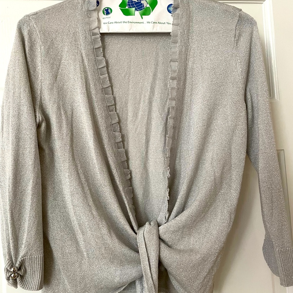 Silver metallic front tie sweater